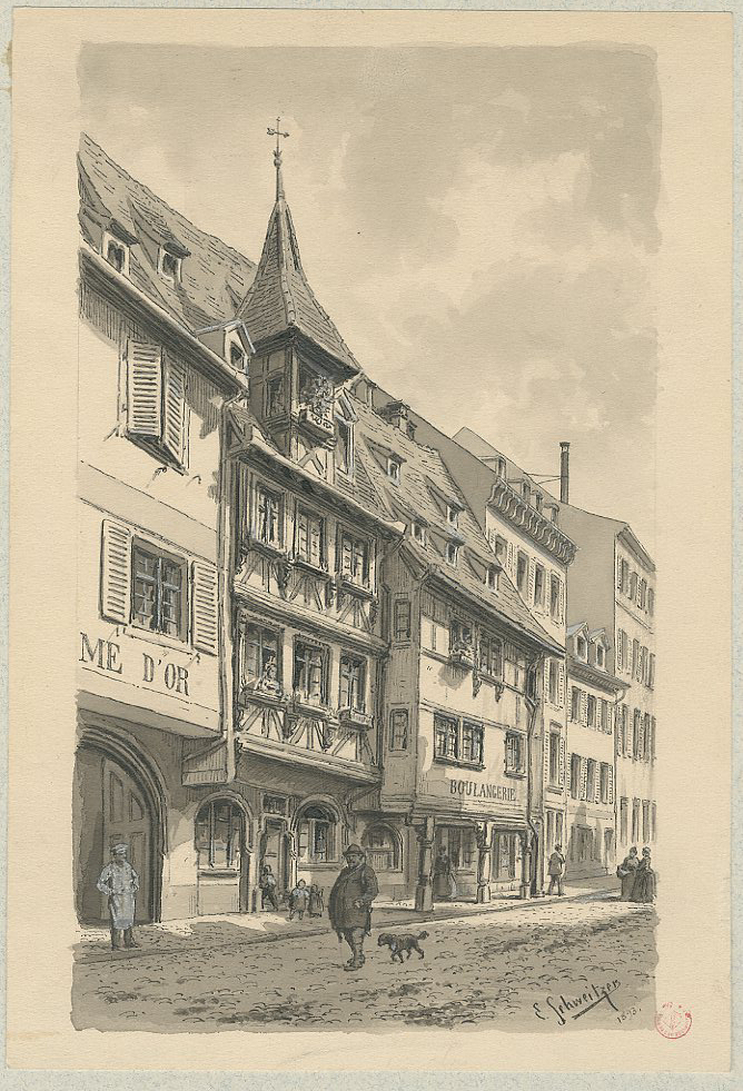 LA RUE D'OR A STRASBOURG EN 1893.MAISONS DU XVIE SIECLE, NO 7 ET 9