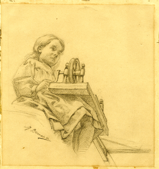 FILLETTE TRAVAILLANT AU ROUET
