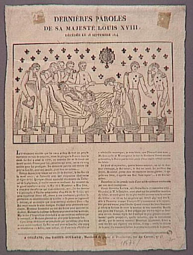 DERNIERES PAROLES / DE SA MAJESTE LOUIS XVIII, / DECEDEE LE 16 SEPTEMBRE 1824 (titre inscrit)