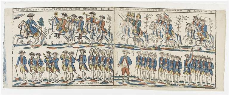 LE GENERAL BERTHIER A LATESTE DES TROUPES FRANCAISES EN ITALIE CHASSE LES TROUPES DELEMPEREUR DE MANTOUE (titre inscrit)