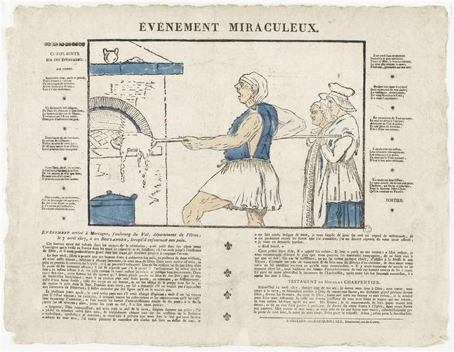 EVENEMENT MIRACULEUX. / EVENEMENT ARRIVE A MORTAGNE, FAUBOURG DU VAL, DEPARTEMENT DE L'ORNE, / LE 7 AVRIL 1817, A UN BOULANGER, LORSQU'IL ENFOURNAIT SON PAIN. (titre inscrit)